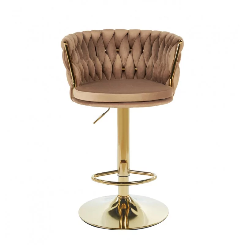 Tabouret de bar MAEVA en velours cappuccino structure dorée brillante | Style cocon chic Golddeco