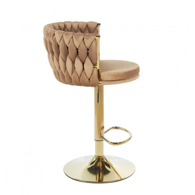 Tabouret de bar MAEVA en velours cappuccino structure dorée brillante | Style cocon chic Golddeco