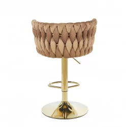 Tabouret de bar MAEVA en velours cappuccino structure dorée brillante | Style cocon chic Golddeco