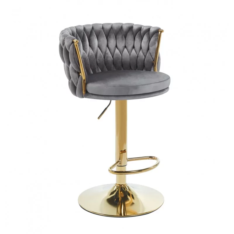 Tabouret de bar MAEVA en velours gris structure dorée brillante | Confort chic Golddeco