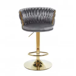 Tabouret de bar MAEVA en velours gris structure dorée brillante | Confort chic Golddeco
