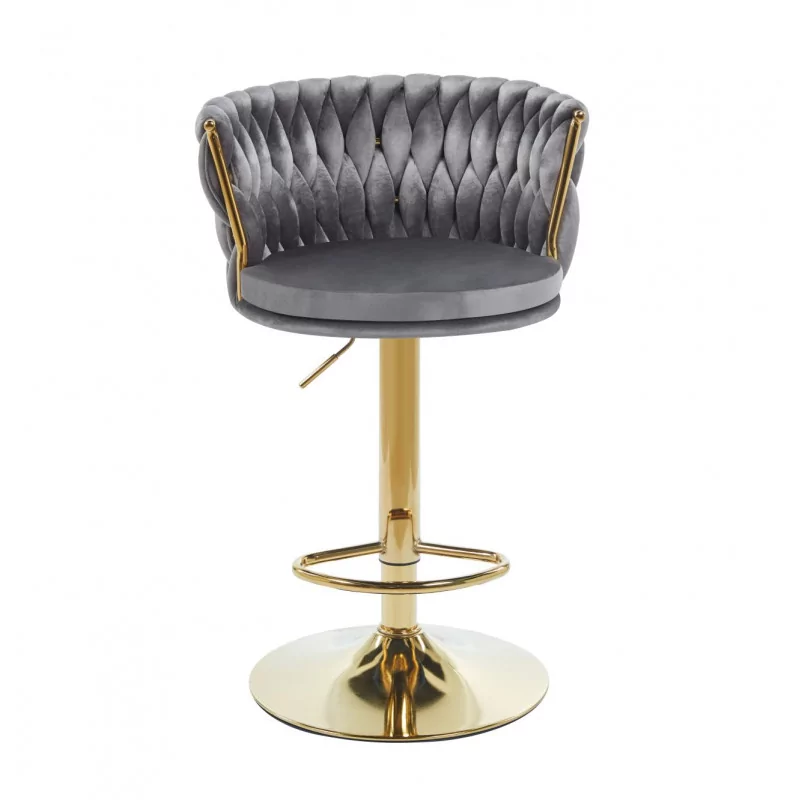 Tabouret de bar MAEVA en velours gris structure dorée brillante | Confort chic Golddeco