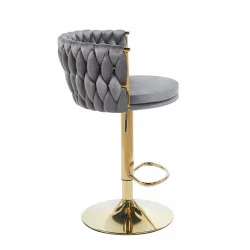 Tabouret de bar MAEVA en velours gris structure dorée brillante | Confort chic Golddeco