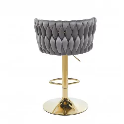 Tabouret de bar MAEVA en velours gris structure dorée brillante | Confort chic Golddeco