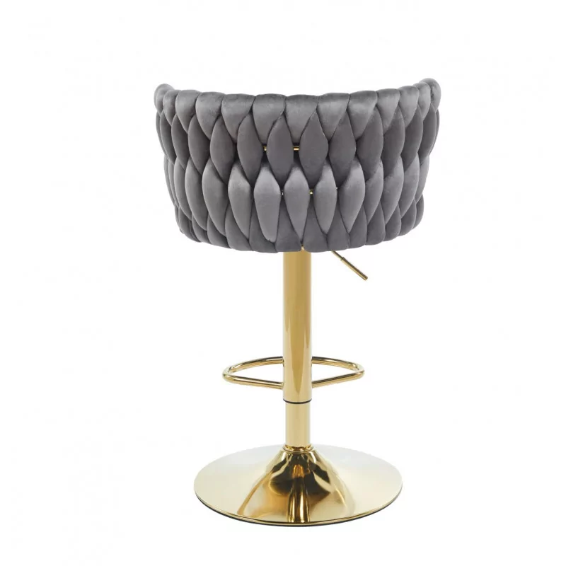 Tabouret de bar MAEVA en velours gris structure dorée brillante | Confort chic Golddeco