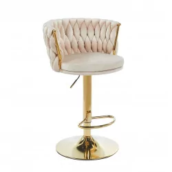 Tabouret de bar MAEVA en velours beige structure dorée brillante | Élégance Golddeco