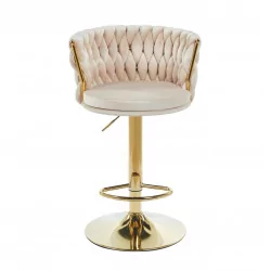 Tabouret de bar MAEVA en velours beige structure dorée brillante | Élégance Golddeco