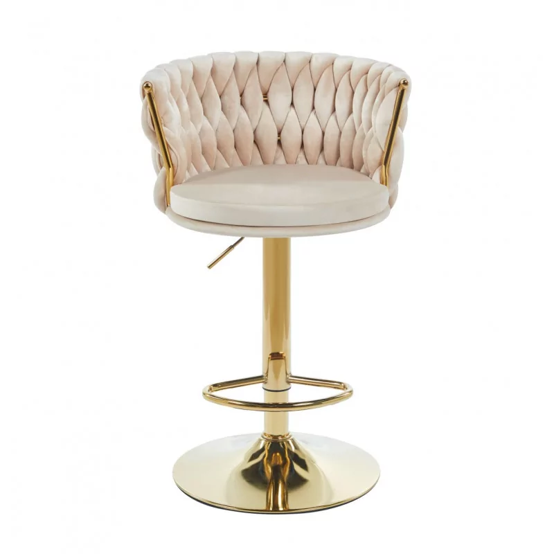 Tabouret de bar MAEVA en velours beige structure dorée brillante | Élégance Golddeco
