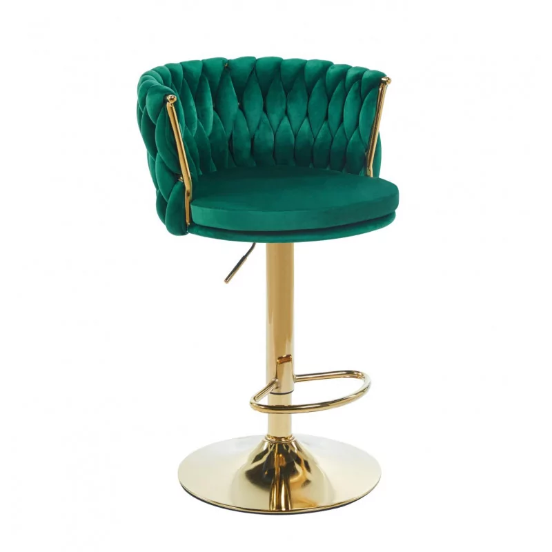 Tabouret de bar MAEVA en velours vert structure dorée brillante | Élégance Golddeco
