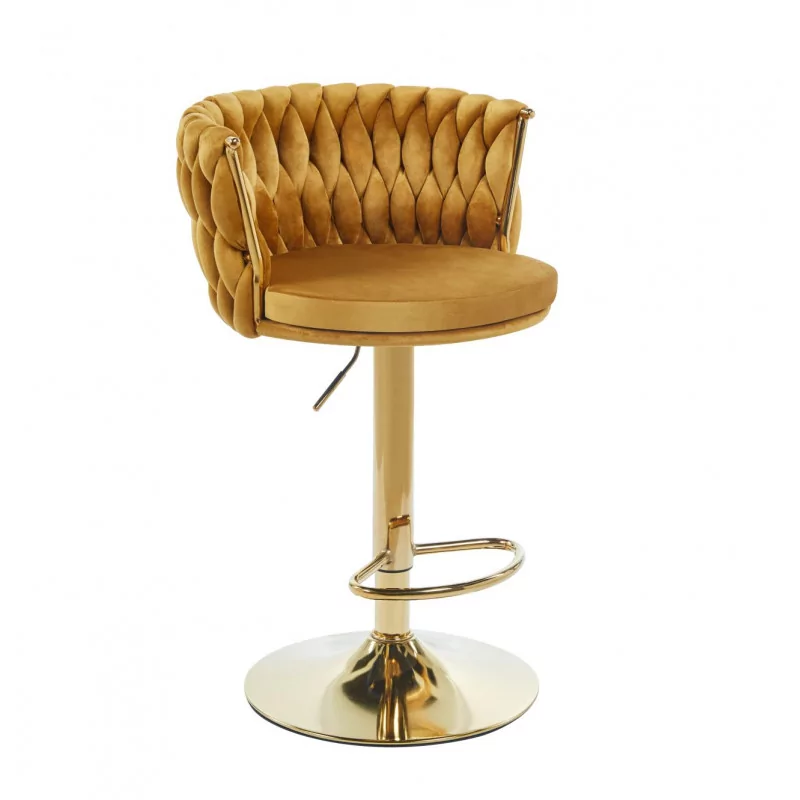 Tabouret de bar MAEVA en velours curry structure dorée brillante | Style Golddeco