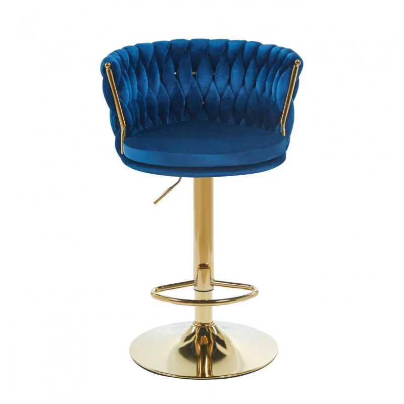 Tabouret de bar MAEVA pivotant en velours bleu structure dorée | Collection Golddeco