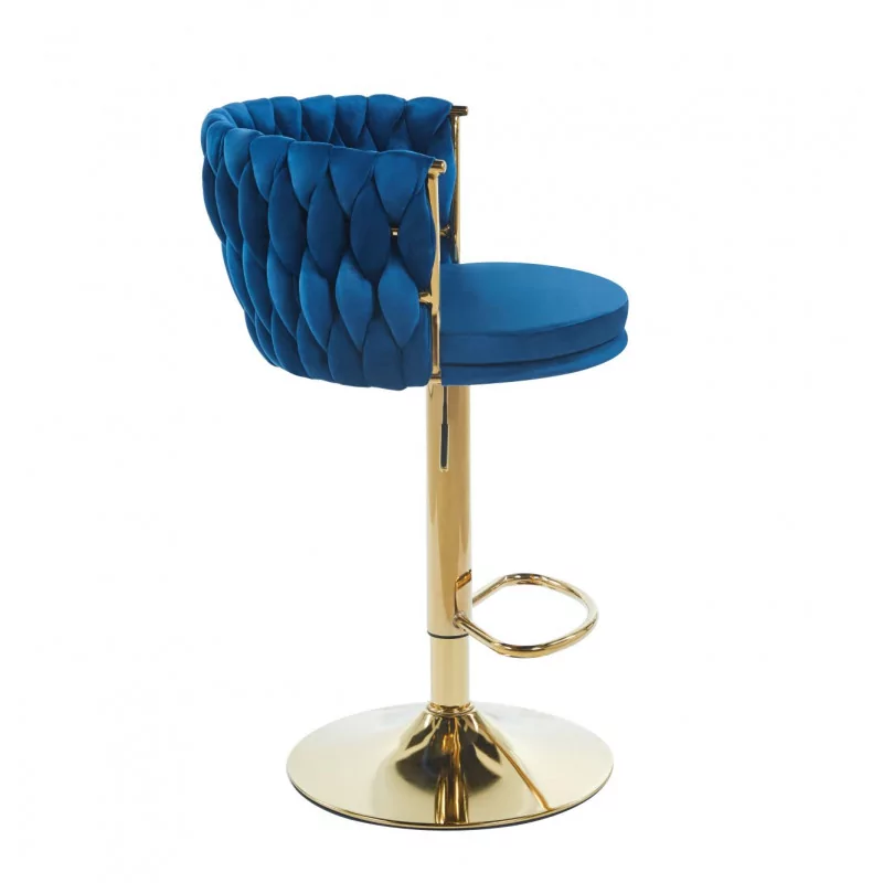 Tabouret de bar MAEVA pivotant en velours bleu structure dorée | Collection Golddeco