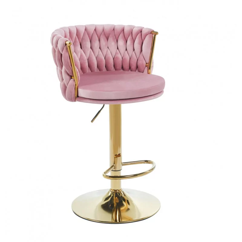 Tabouret de bar MAEVA en velours rose structure dorée brillante | Collection Golddeco