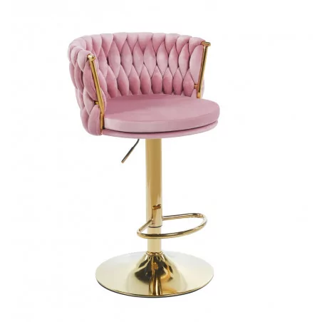Tabouret de bar MAEVA en velours rose structure dorée brillante | Collection Golddeco