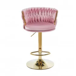 Tabouret de bar MAEVA en velours rose structure dorée brillante | Collection Golddeco