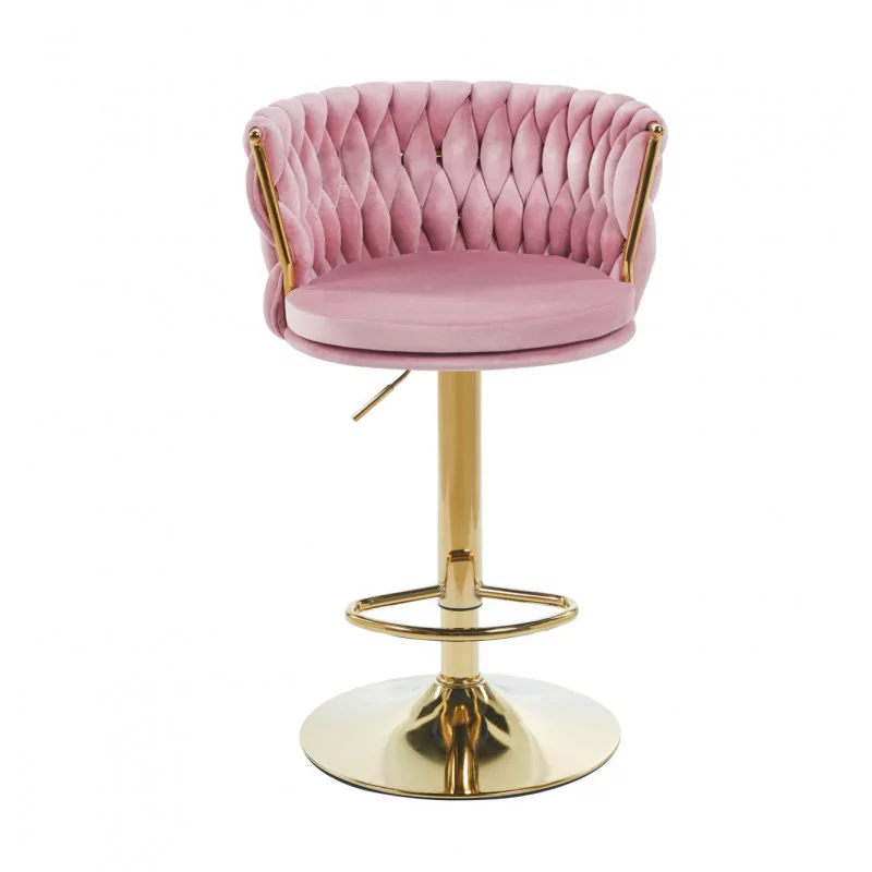 Tabouret de bar MAEVA en velours rose structure dorée brillante | Collection Golddeco