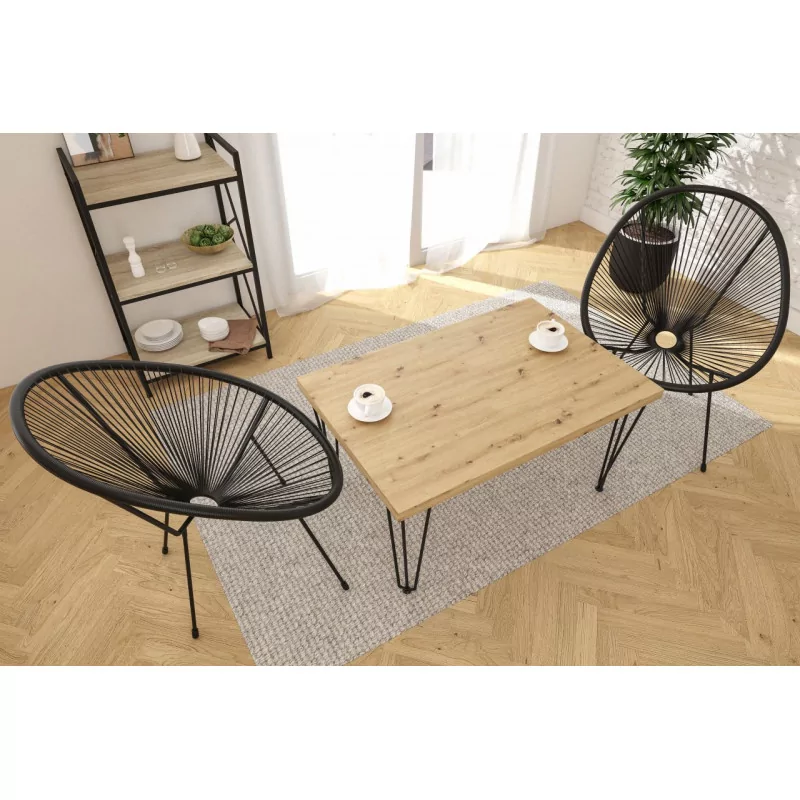 Table basse carrée industrielle – Aspect chêne artisanal & pieds noirs