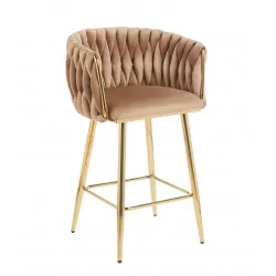 Tabouret de bar MAEVA fixe en velours cappuccino structure dorée brillante | Collection Golddeco
