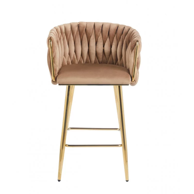 Tabouret de bar MAEVA fixe en velours cappuccino structure dorée brillante | Collection Golddeco