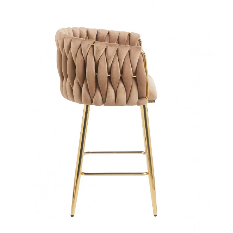 Tabouret de bar MAEVA fixe en velours cappuccino structure dorée brillante | Collection Golddeco