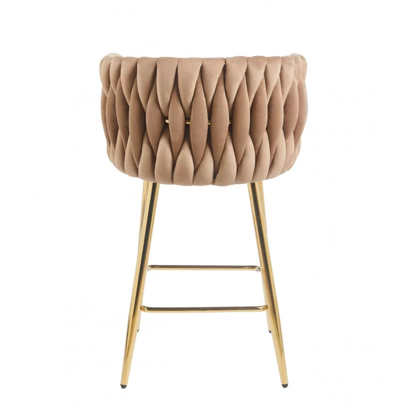 Tabouret de bar MAEVA fixe en velours cappuccino structure dorée brillante | Collection Golddeco