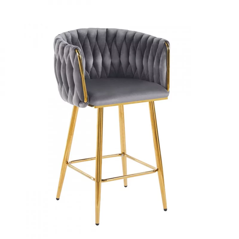 Tabouret de bar MAEVA fixe en velours gris structure dorée brillante | Collection Golddeco