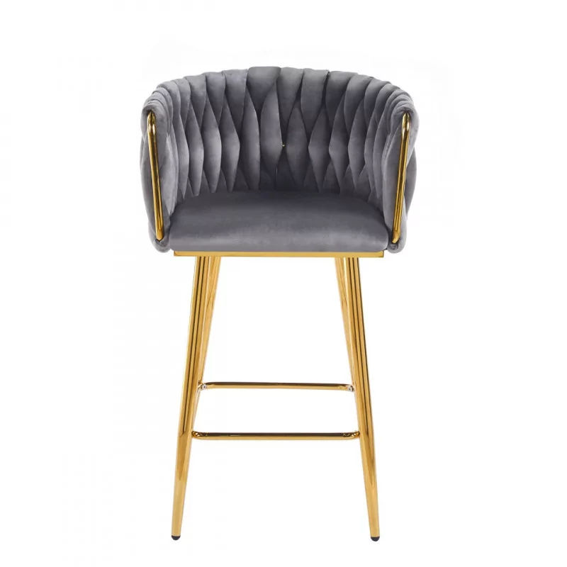 Tabouret de bar MAEVA fixe en velours gris structure dorée brillante | Collection Golddeco