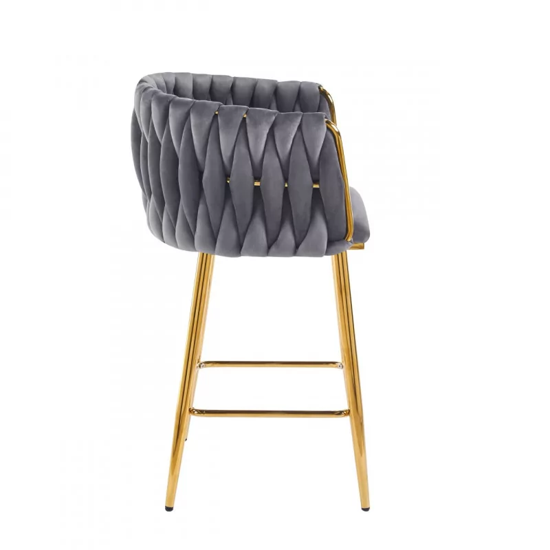 Tabouret de bar MAEVA fixe en velours gris structure dorée brillante | Collection Golddeco