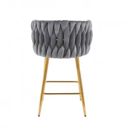 Tabouret de bar MAEVA fixe en velours gris structure dorée brillante | Collection Golddeco