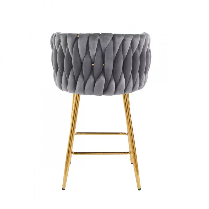 Tabouret de bar MAEVA fixe en velours gris structure dorée brillante | Collection Golddeco