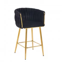 Tabouret de bar MAEVA fixe en velours noir structure dorée brillante | Collection Golddeco