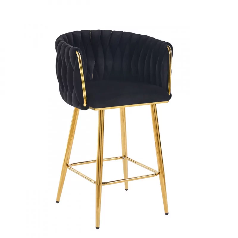 Tabouret de bar MAEVA fixe en velours noir structure dorée brillante | Collection Golddeco