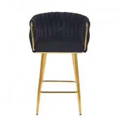 Tabouret de bar MAEVA fixe en velours noir structure dorée brillante | Collection Golddeco