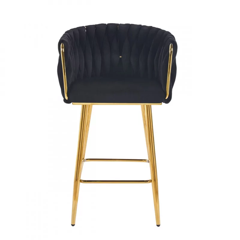Tabouret de bar MAEVA fixe en velours noir structure dorée brillante | Collection Golddeco