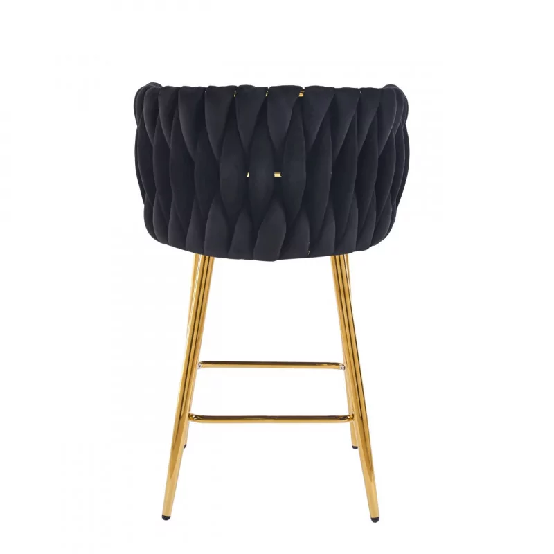 Tabouret de bar MAEVA fixe en velours noir structure dorée brillante | Collection Golddeco