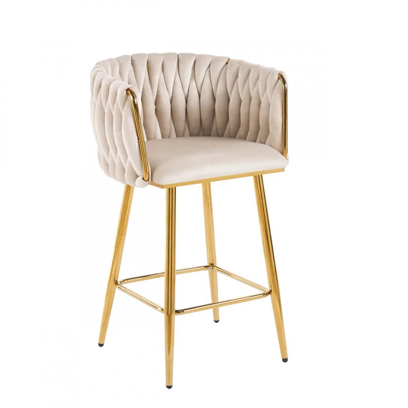 Tabouret de bar MAEVA fixe en velours beige structure dorée brillante | Collection Golddeco