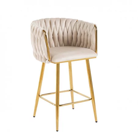Tabouret de bar MAEVA fixe en velours beige structure dorée brillante | Collection Golddeco