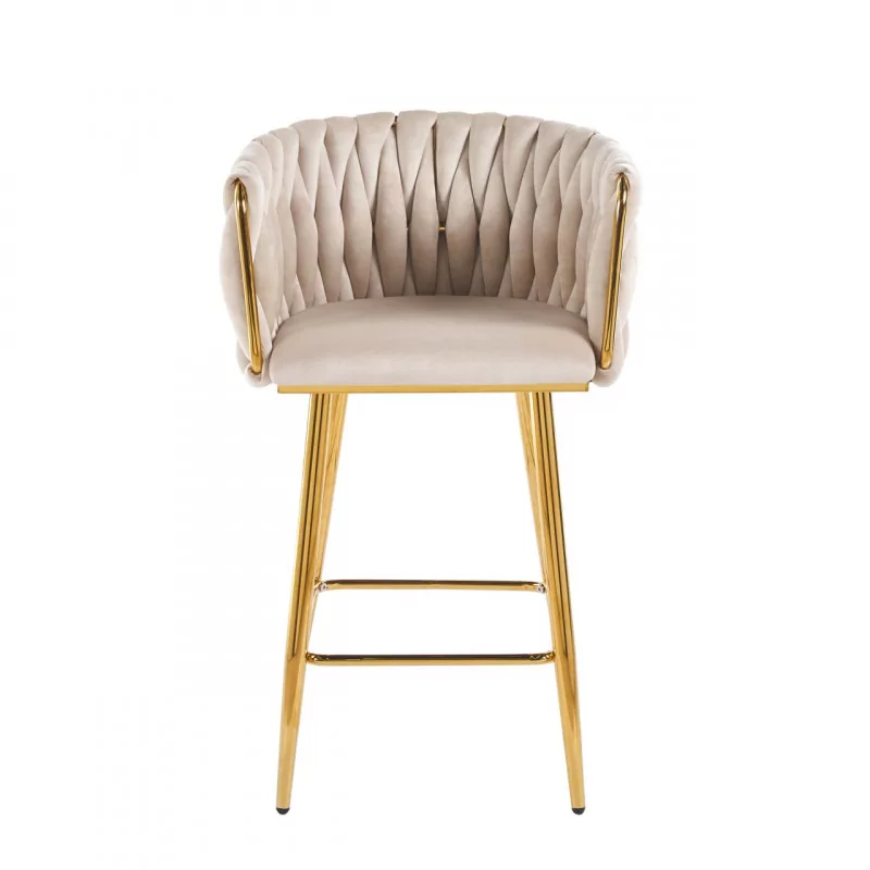 Tabouret de bar MAEVA fixe en velours beige structure dorée brillante | Collection Golddeco