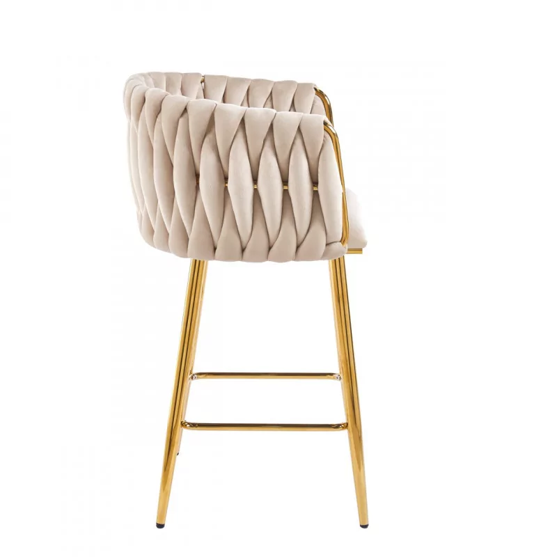 Tabouret de bar MAEVA fixe en velours beige structure dorée brillante | Collection Golddeco