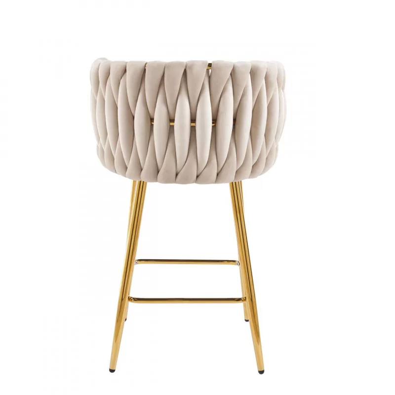 Tabouret de bar MAEVA fixe en velours beige structure dorée brillante | Collection Golddeco
