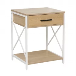 Table de chevet aspect chêne naturel et structure blanche – Design scandinave | Golddeco