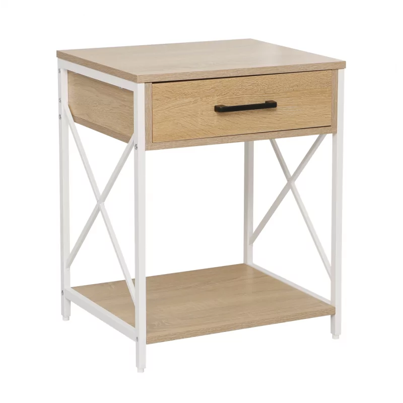 Table de chevet aspect chêne naturel et structure blanche – Design scandinave | Golddeco