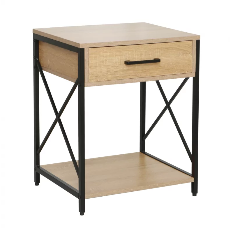 Table de chevet aspect chêne naturel et structure noire – Style industriel | Golddeco