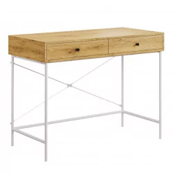 Bureau aspect chêne naturel – structure blanche avec deux tiroirs