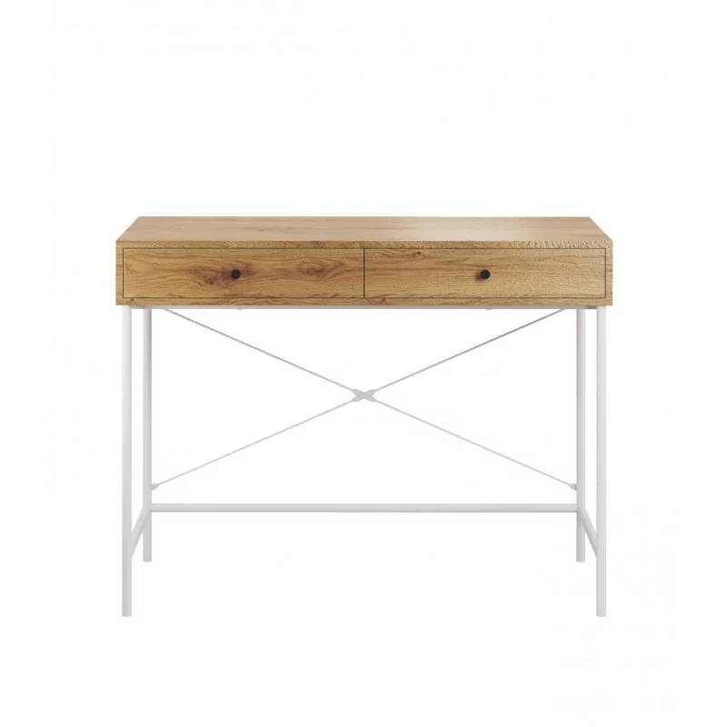 Bureau chêne naturel et structure blanche – design moderne avec tiroirs | Golddeco