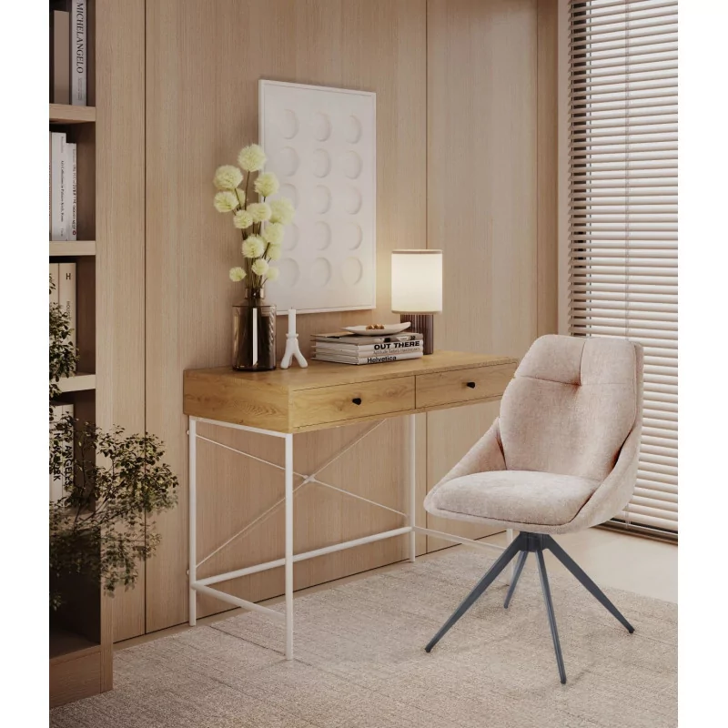 Bureau chêne naturel et structure blanche – design moderne avec tiroirs | Golddeco