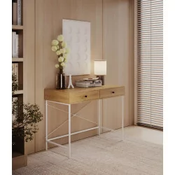 Bureau chêne naturel et structure blanche – design moderne avec tiroirs | Golddeco