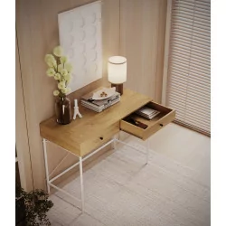 Bureau chêne naturel et structure blanche – design moderne avec tiroirs | Golddeco