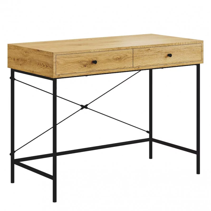 Bureau chêne naturel et métal noir – design industriel avec tiroirs | Golddeco