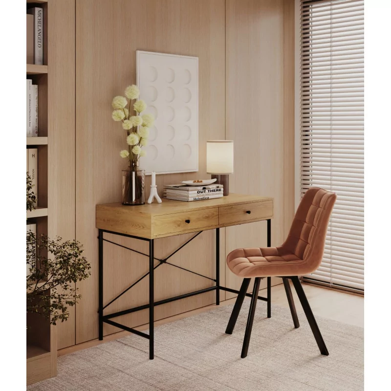 Bureau chêne naturel et métal noir – design industriel avec tiroirs | Golddeco